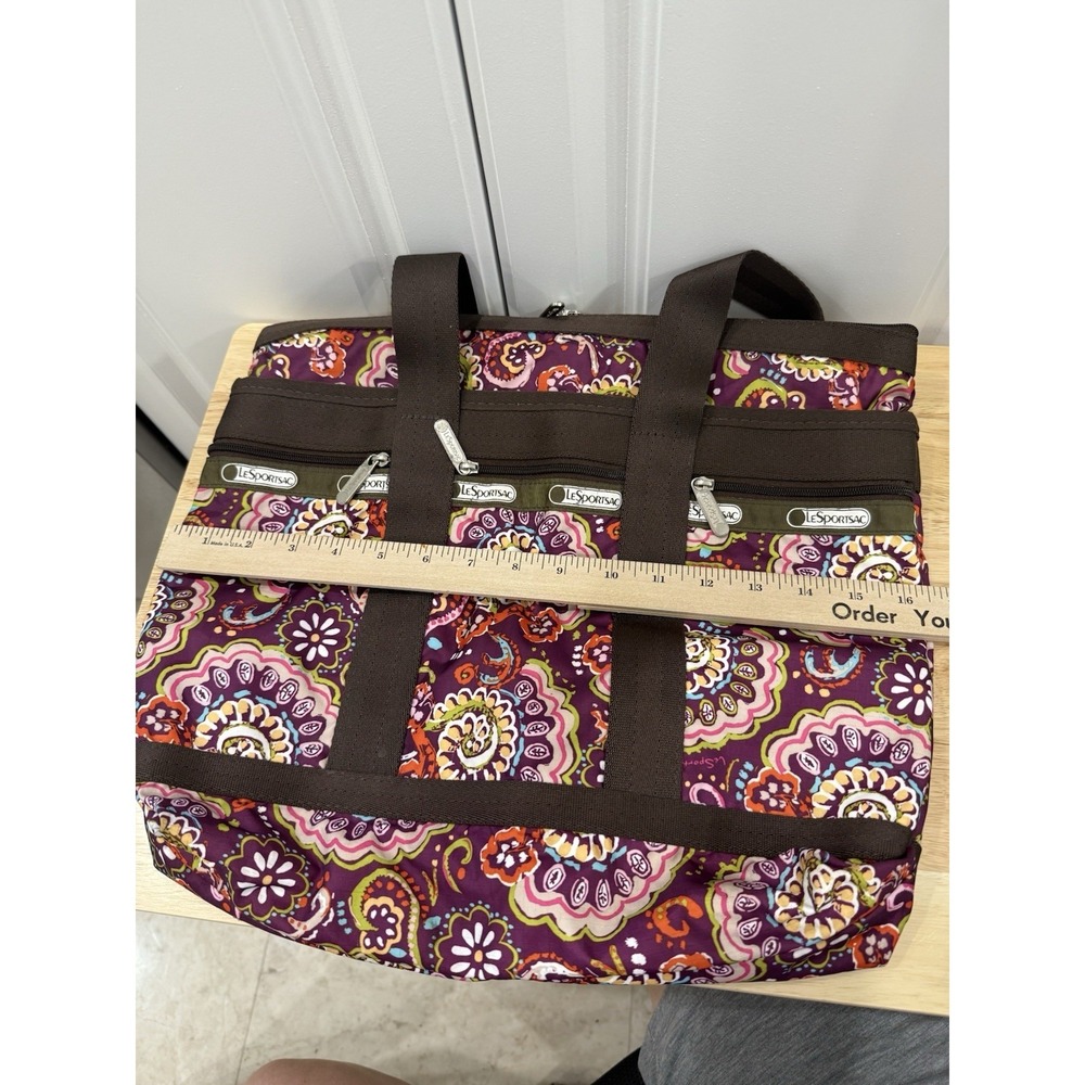 LeSportsac Tote Bag Large Travel Purse Floral Brown Red Multicolor 16"x14" - Picture 9 of 10